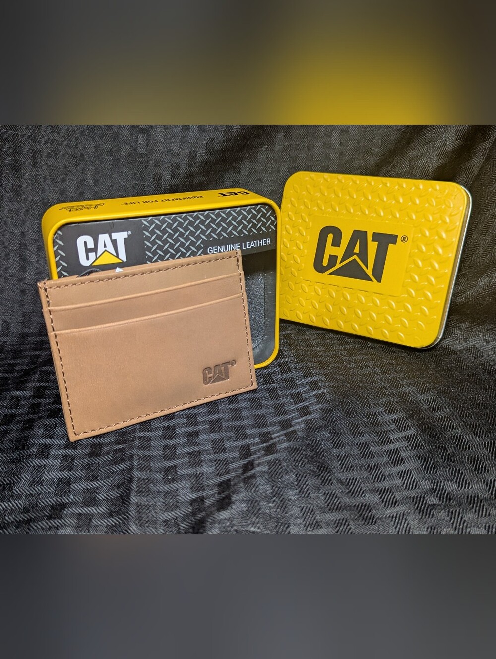 Cognac Leather Caterpillar RFID Card Holder With Embossed Logo.